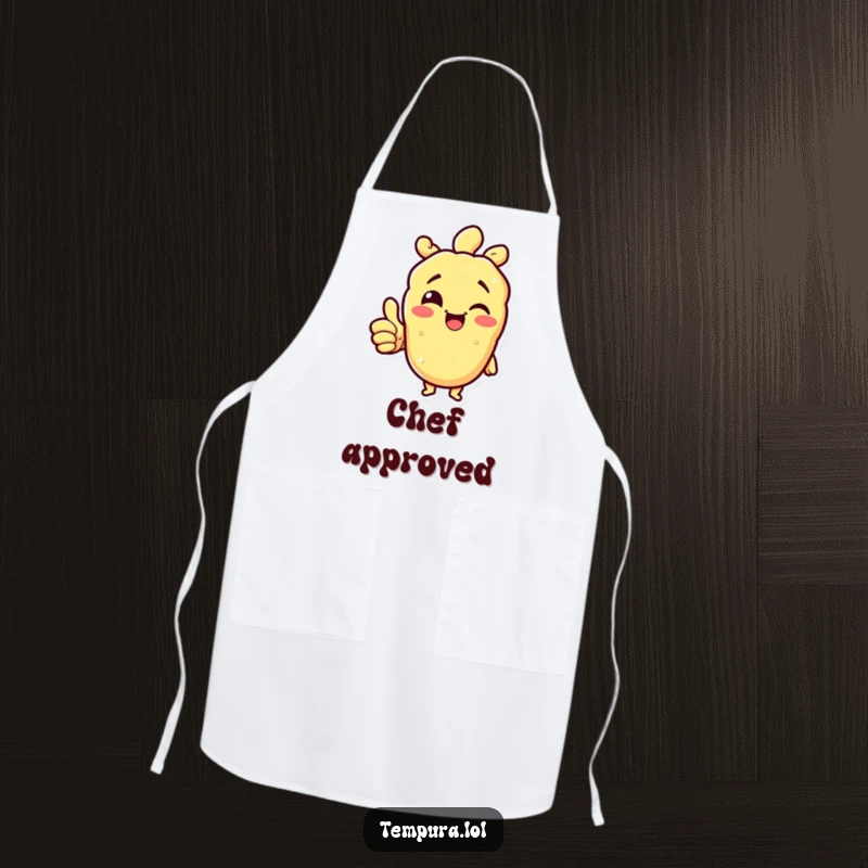 Funny tempura character winking and giving a thumbs up on a practical apron, perfect for cheerful cooking.