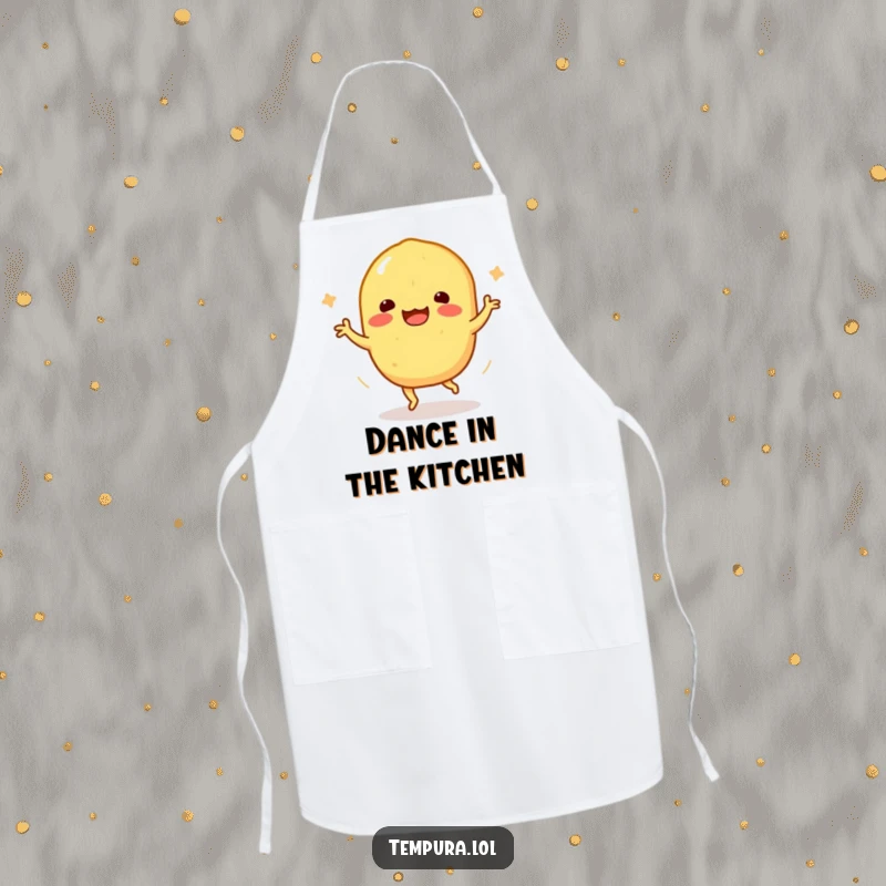 Funny Tempura Sweet Potato Apron: A tempura sweet potato character dances happily, providing a funny and useful kitchen accessory.