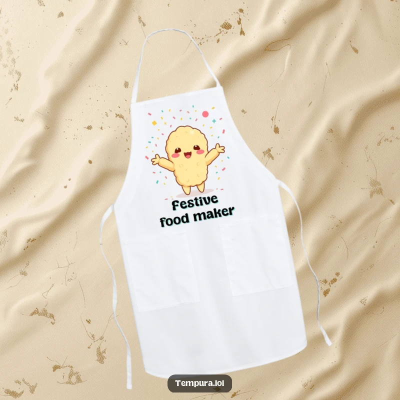 Funny apron showing a Kawaii tempura shrimp character with arms outstretched, embracing a shower of confetti.