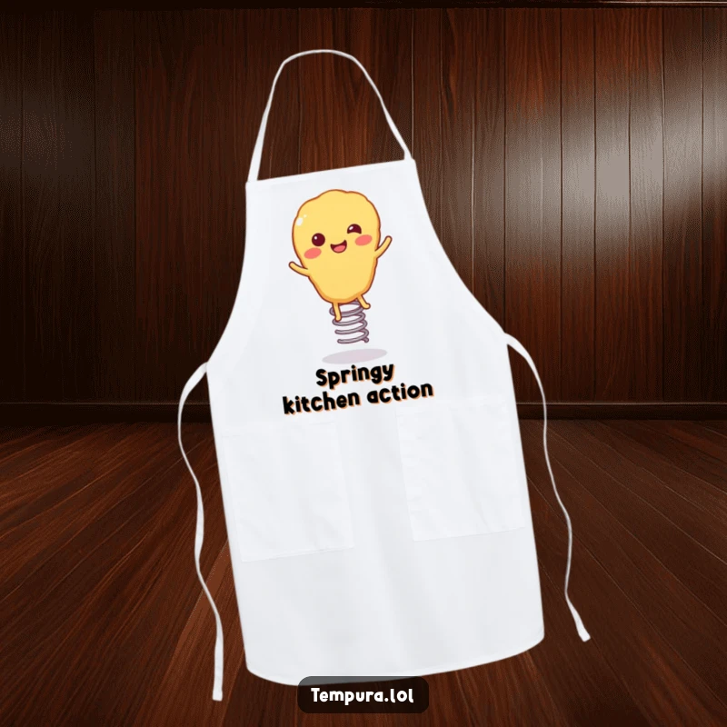 Funny Tempura Apron: A smiling piece of tempura with springy legs, joyfully bouncing, adding a humorous and energetic vibe to cooking.