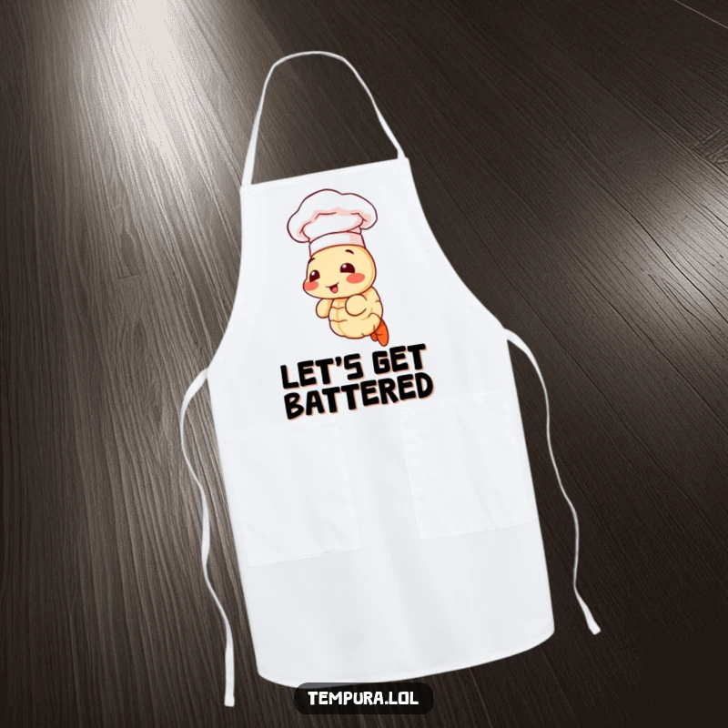 Funny apron decorated with a skilled tempura shrimp wearing a chef hat, ready to tackle any recipe with humor.