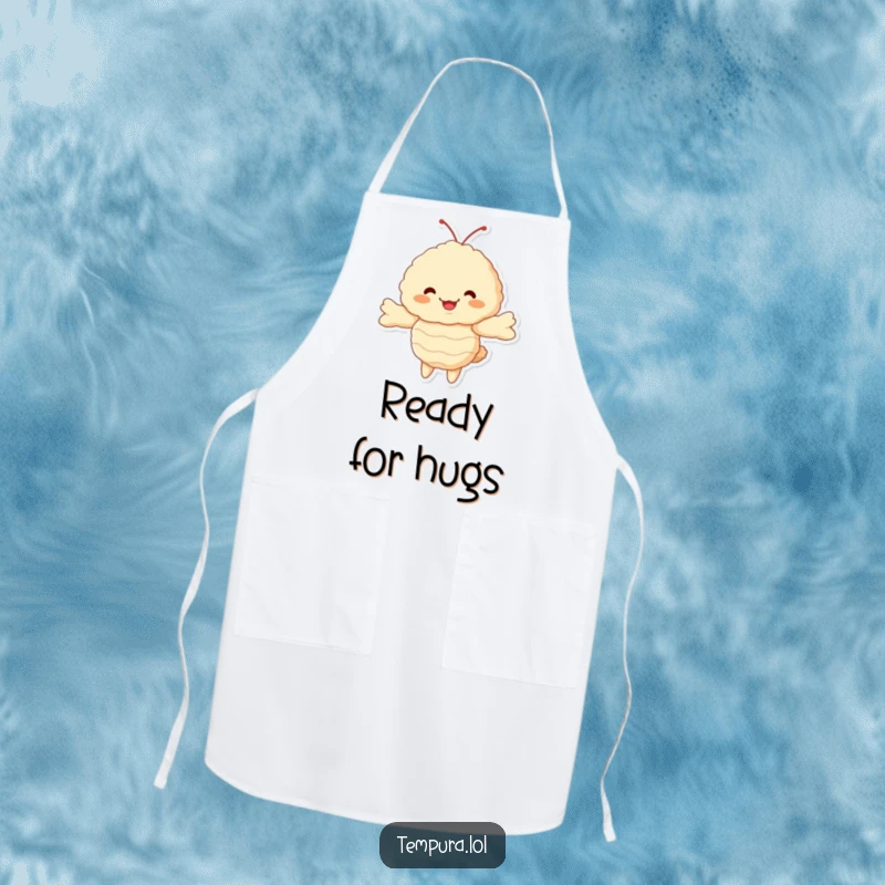 Funny Tempura Shrimp Apron: A fluffy ebi character with arms outstretched for a hug, adding a playful and humorous element to cooking.