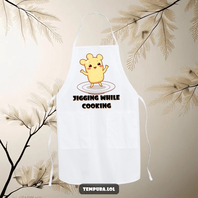 Funny Tempura Apron: A piece of tempura joyfully jigging on a plate, perfect for adding humor to cooking duties.