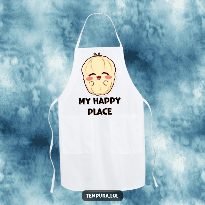 Funny vegetable tempura apron displaying a happy tempura vegetable with eyes closed in glee.