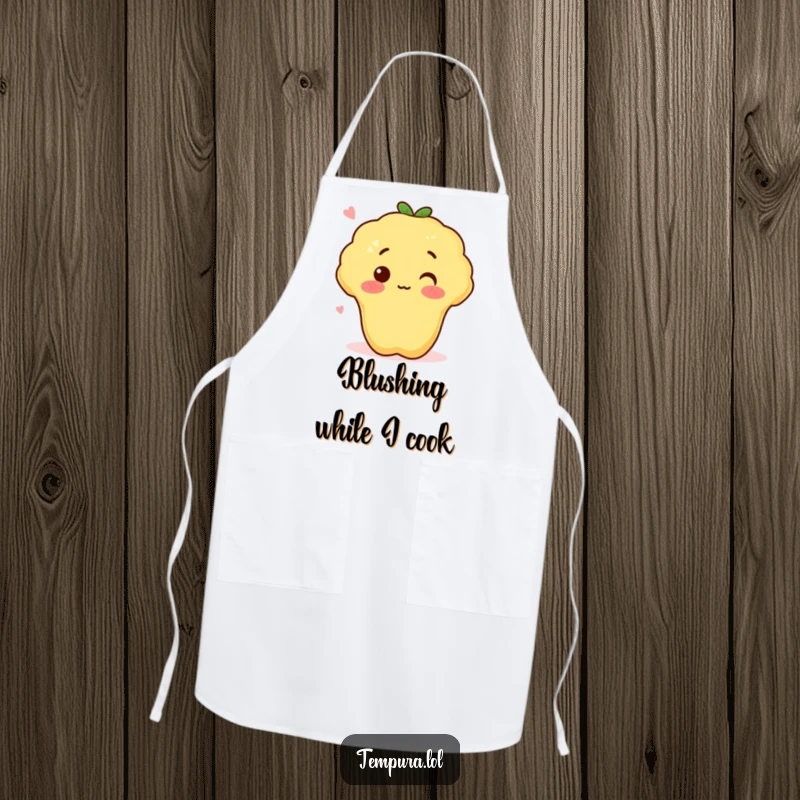 Funny tempura sweet potato with a surprised blush on an apron, ready for kitchen fun and culinary protection.