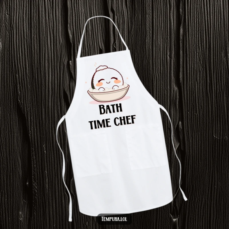 Funny smiling sushi with eyes closed, enjoying a warm bath, a humorous and protective kitchen apron.