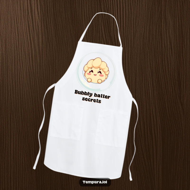 Funny apron designed with a tempura character peeking from a bubble, ideal for a humorous and practical kitchen accessory gift.