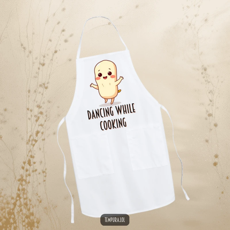 Funny tempura apron showing a smiling tempura character doing a little dance, ready to assist in the kitchen with a cheerful, humorous attitude.