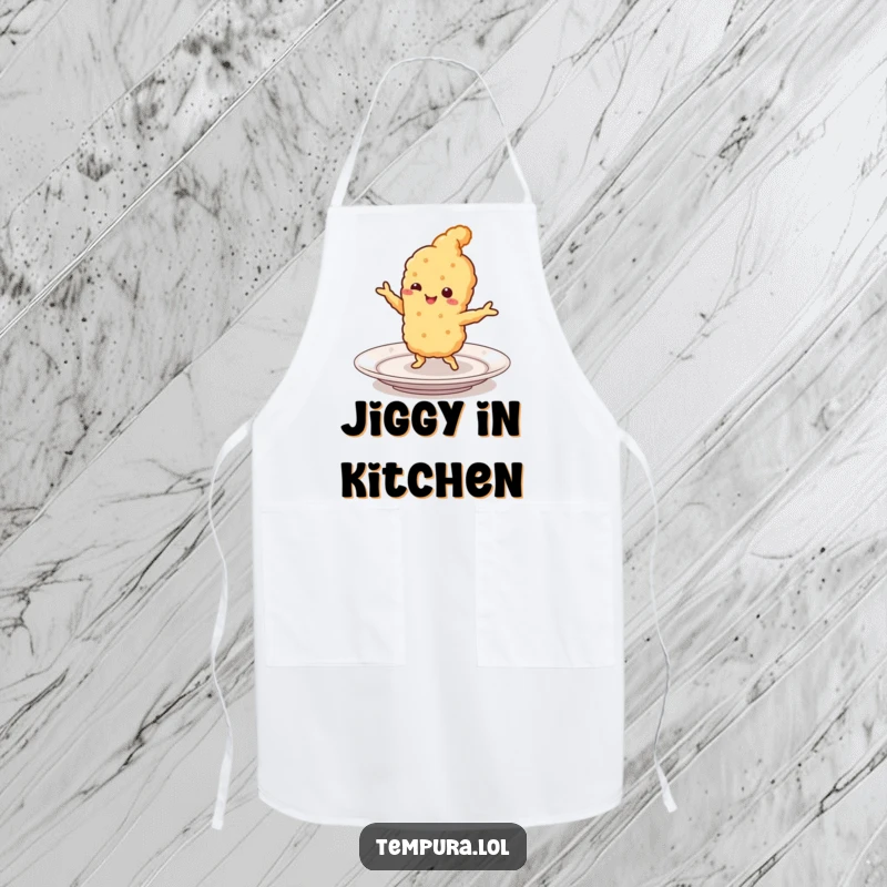 Funny Tempura Apron: A smiling piece of fried food doing a lively jig on a plate, perfect for the home cook who enjoys a humorous and festive kitchen.