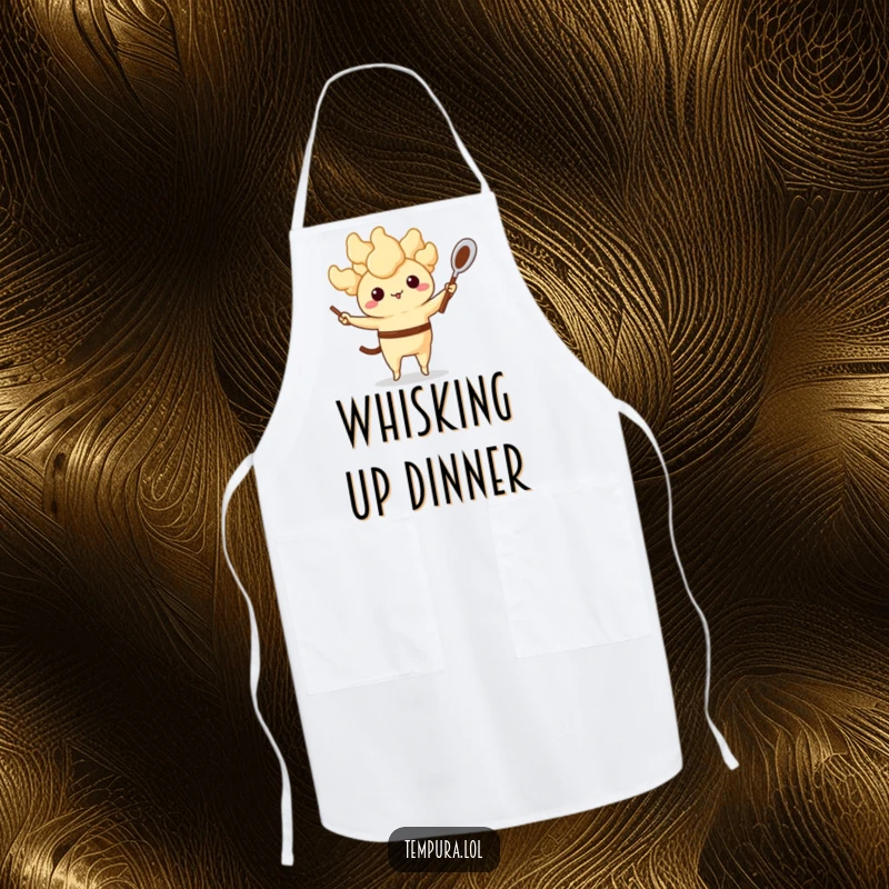 Funny Tempura Apron: An anthropomorphic fried food character juggling a whisk and spoon, perfect for the home cook who enjoys a humorous and skillful kitchen.
