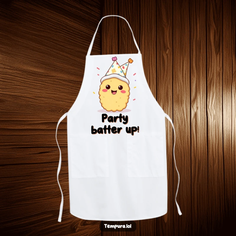 Funny tempura character in a party hat with confetti, smiling widely on a practical apron, perfect for cheerful cooking.