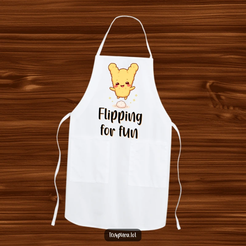 Funny tempura character joyfully bouncing a small sparkling rice ball, ideal for a funny apron for kitchen fun.