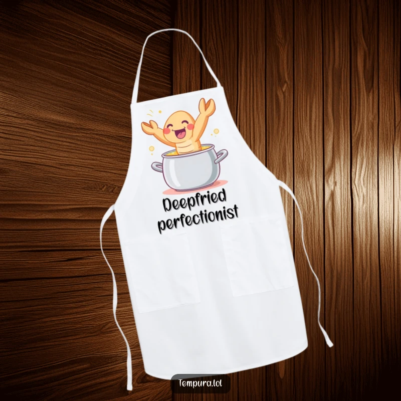 Funny tempura shrimp character joyfully leaping out of a cooking pot, designed on a functional chef apron.