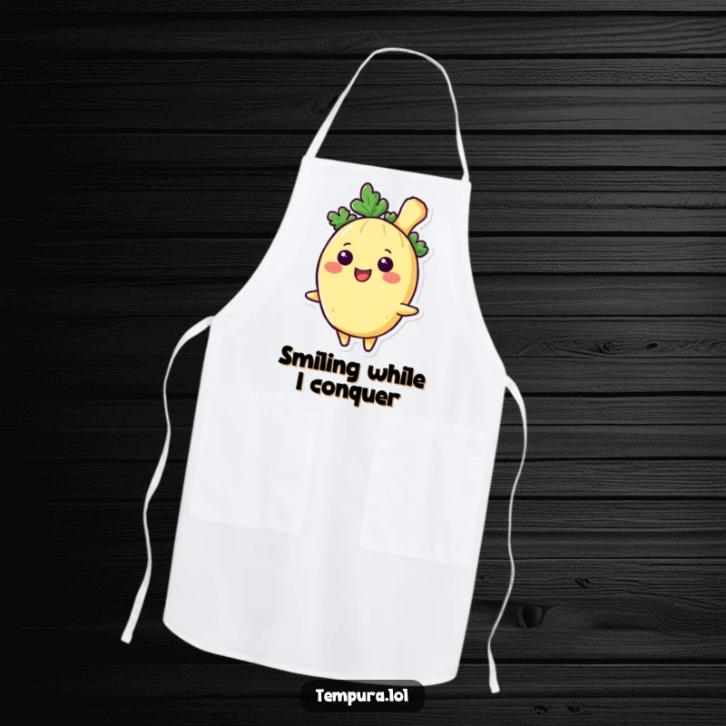 Funny Tempura Vegetable Apron, depicted with a big, infectious smile, adding a cheerful and humorous touch to cooking adventures.