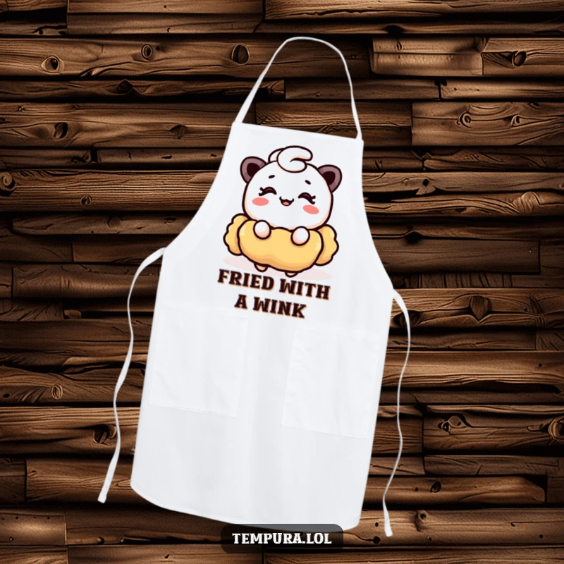 Funny Tempura Apron: A humorous apron depicting a funny piece of tempura winking with a happy smile, ready for culinary charm.