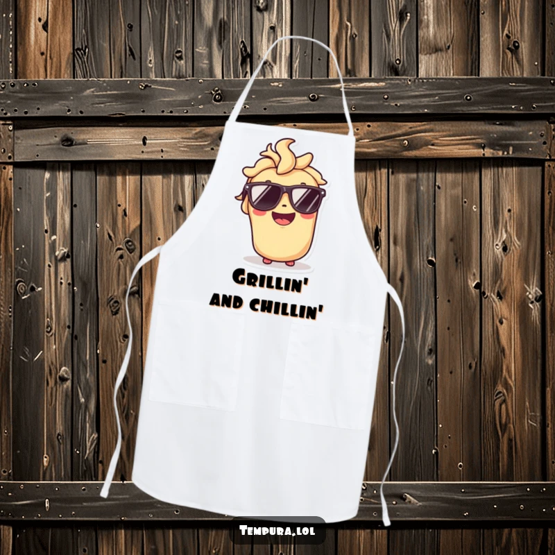 Funny apron with a tempura roll character wearing cool sunglasses and a broad smile, perfect for stylish chefs.