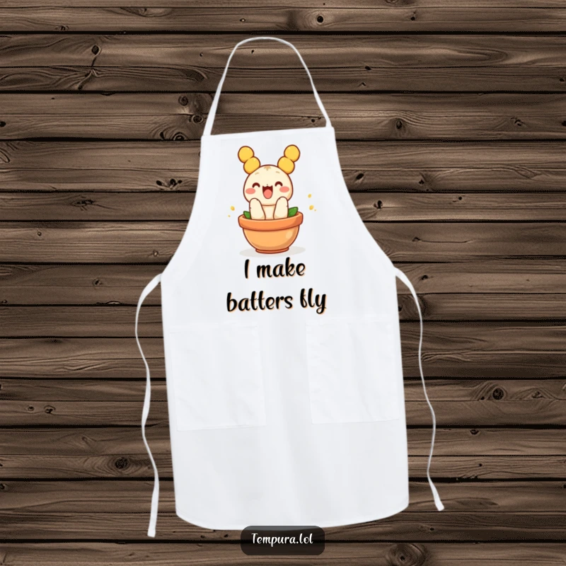 Funny Tempura Apron: A humorous apron depicting a funny piece of tempura jumping into a pot, ready for culinary adventures.