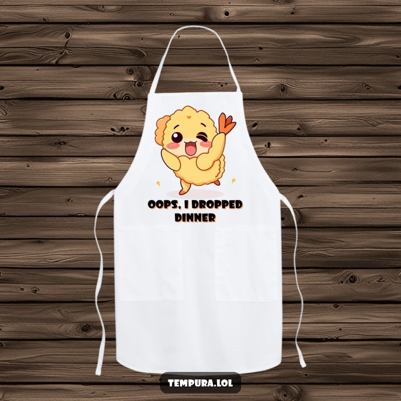 Funny Apron depicting a tempura shrimp character comically tripping over its crispy coating while cooking.