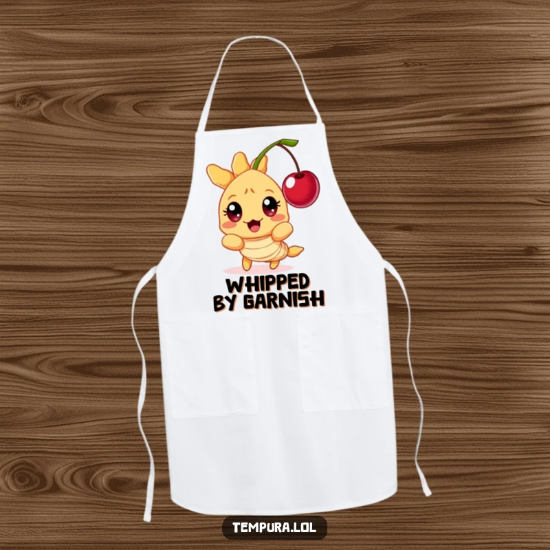 Funny Tempura Shrimp Apron: A wide-eyed tempura shrimp character reacting with shock to a floating cherry, adding humor to cooking.
