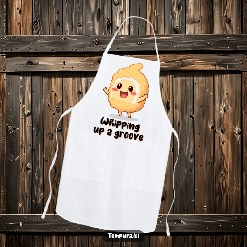 Funny smiling tempura sushi piece doing a little dance, printed on a practical and stylish chef apron.