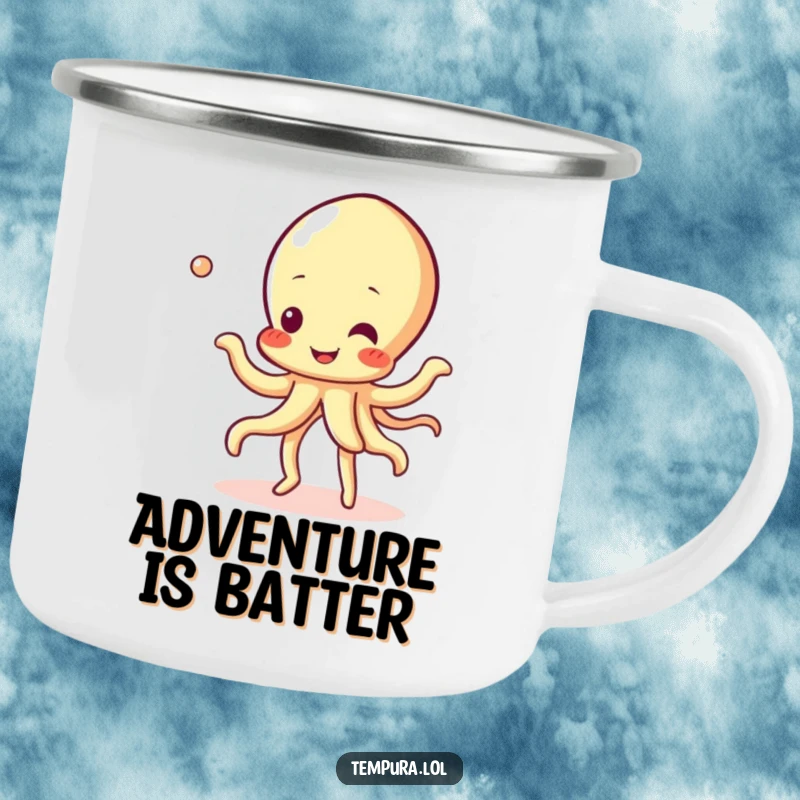 Funny Tempura Squid Camping Mug with a cheerful tempura squid character doing a bubbly dance, perfect for outdoor enthusiasts.