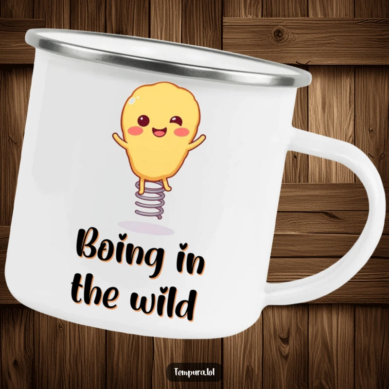 Funny Tempura Camping Mug: A smiling piece of tempura with springy legs, joyfully bouncing on a spring, perfect for outdoor fun.