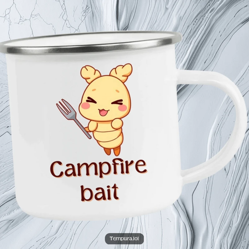 Funny Tempura Shrimp Camping Mug: A mischievous tempura shrimp winking, designed for outdoor use and adding a humorous touch to camping trips.