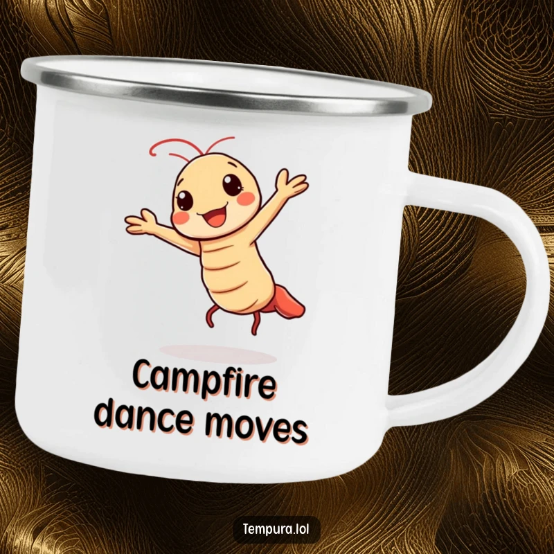 Funny camping mug showing a Kawaii tempura shrimp character doing a cheerful, energetic dance.