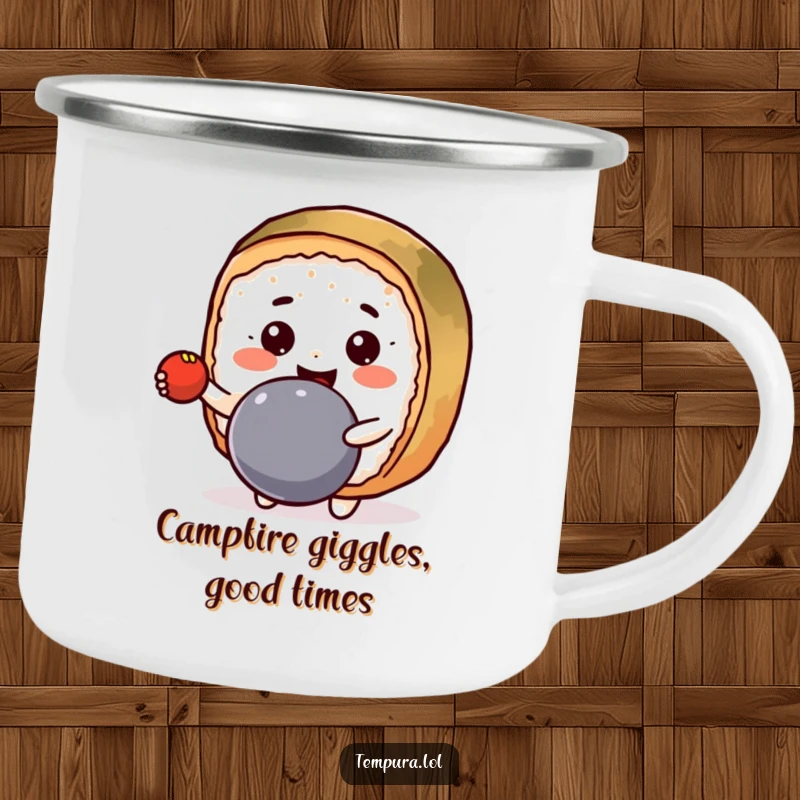 Funny Camping Mug featuring a happy Kawaii sushi roll character bouncing a ball, perfect for outdoor fun.