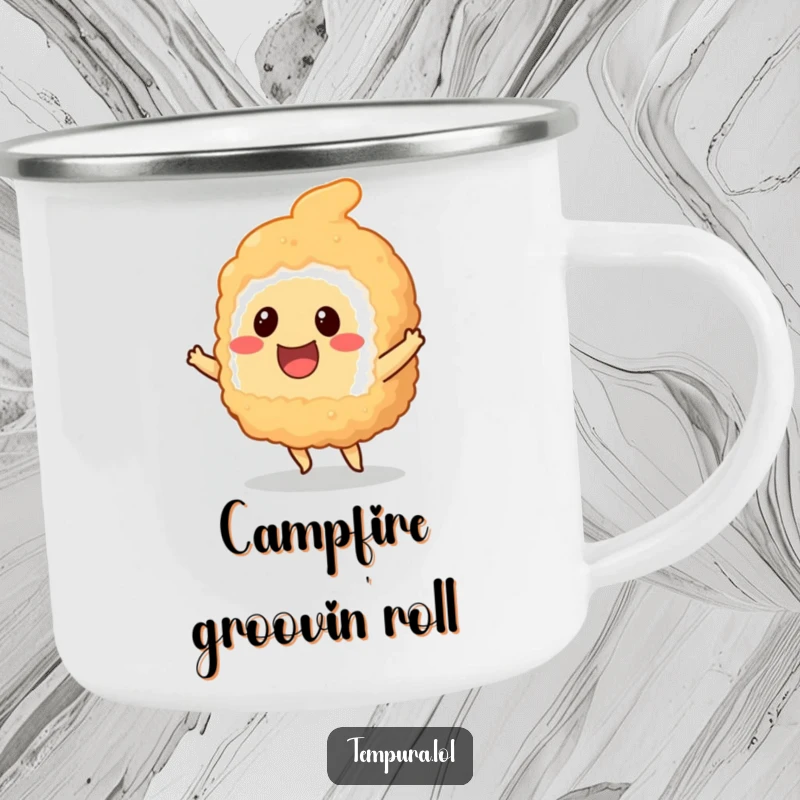 Funny smiling tempura sushi piece doing a little dance, printed on a sturdy camping mug.
