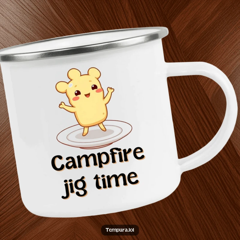 Funny Tempura Camping Mug: A piece of tempura happily doing a jig on a plate, perfect for outdoor celebrations.