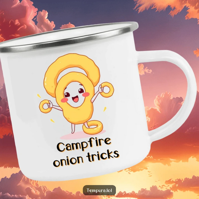 Funny Camping Mug: A happy tempura onion ring juggling smaller rings, perfect for humorous outdoor enjoyment.