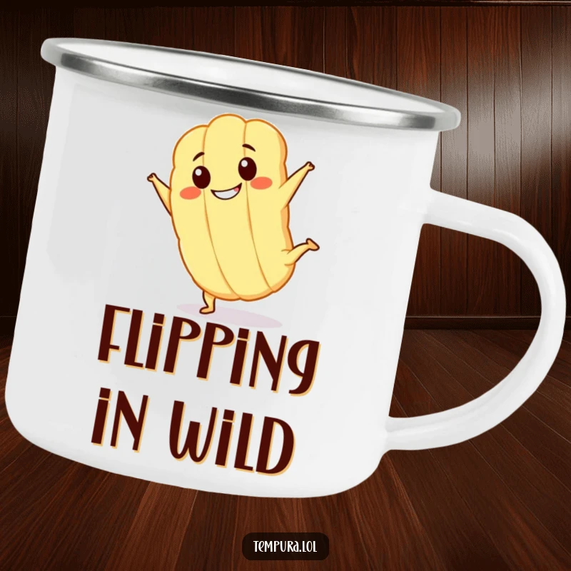 Funny Kawaii tempura character with a big grin, doing a cartwheel on an enamel camping mug, ready for outdoor fun.
