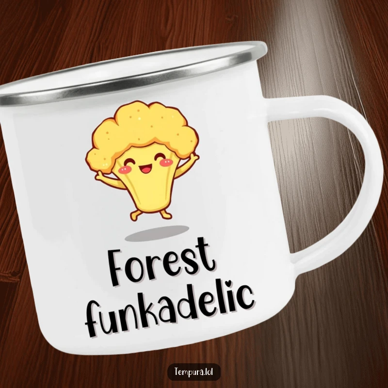 Funny camping mug with a smiling tempura broccoli character dancing energetically on small legs, for outdoor veggie fun.