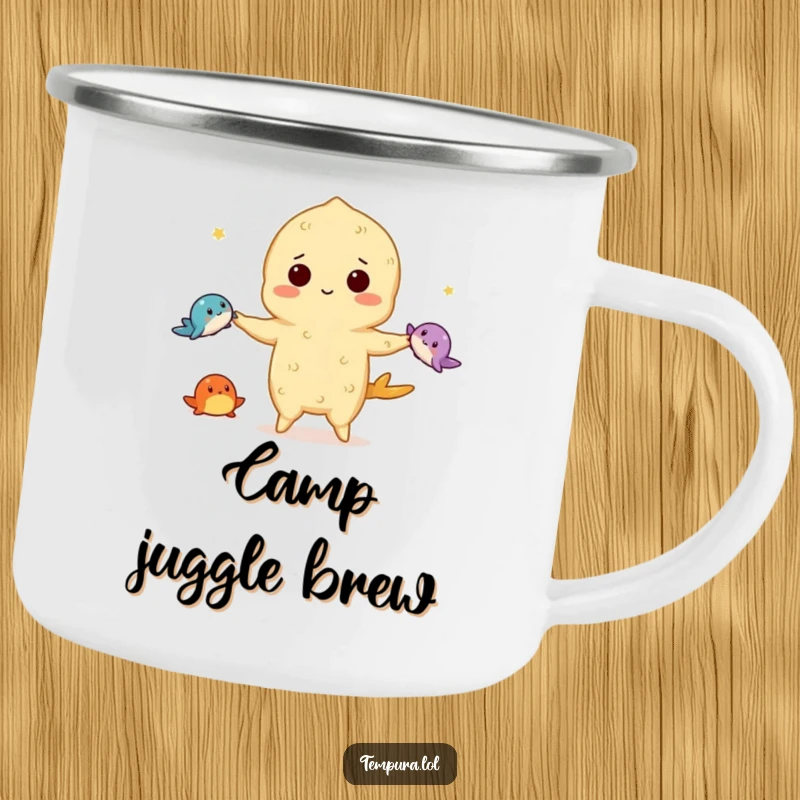 Funny tempura camping mug showing a tempura character juggling three tiny sea creatures, ready for outdoor brews and juggling entertainment.