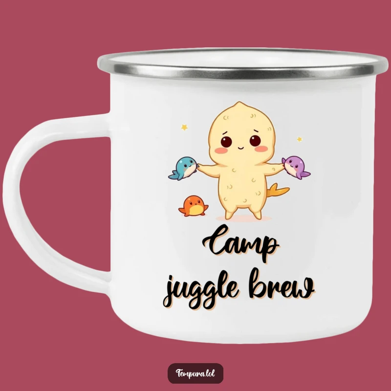 Funny Juggling Tempura Camping Mug: Outdoor Adventures with a Seafood Act