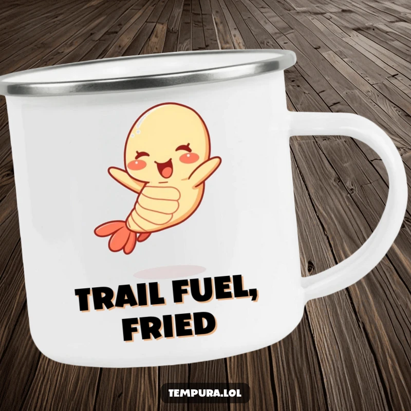 Funny tempura shrimp camping mug featuring a happy, jumping shrimp character, designed for outdoor use.