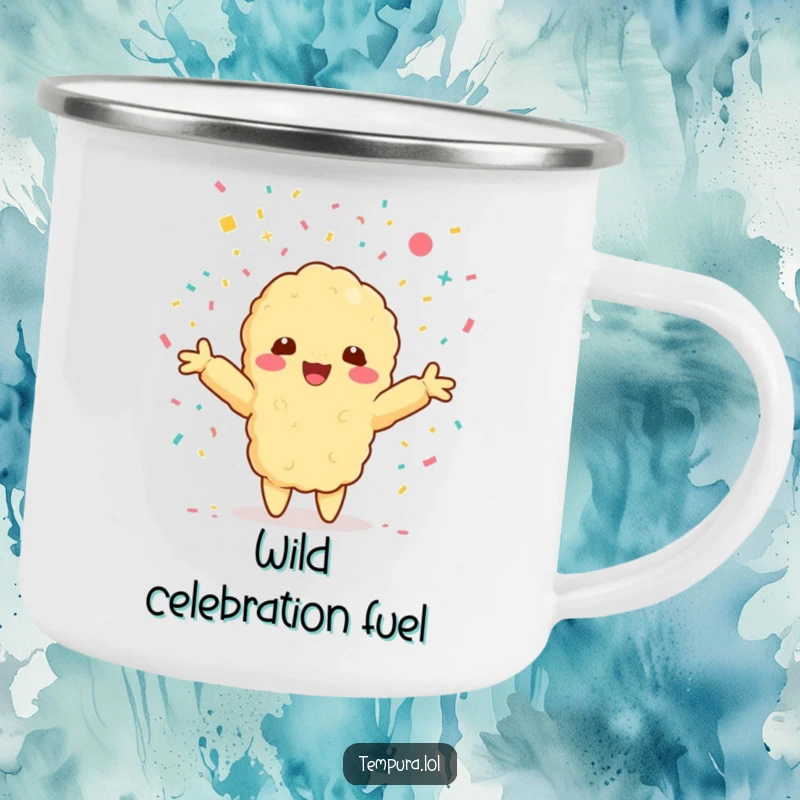 Funny camping mug showing a Kawaii tempura shrimp character with arms outstretched, embracing a shower of confetti.
