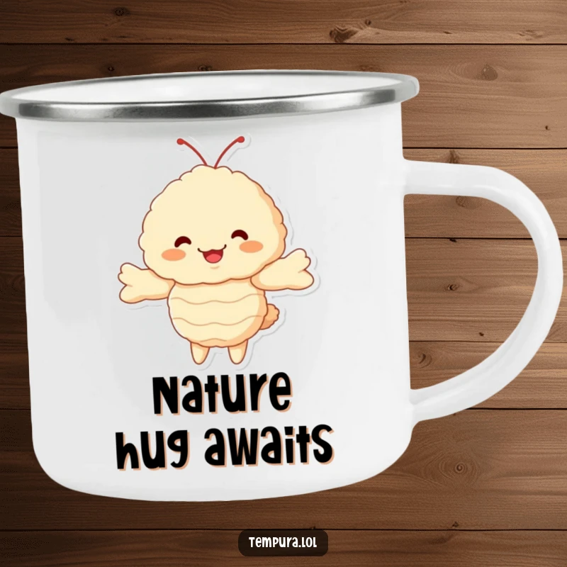 Funny Tempura Shrimp Camping Mug: A fluffy ebi character with arms outstretched for a hug, ready for outdoor fun and laughter.
