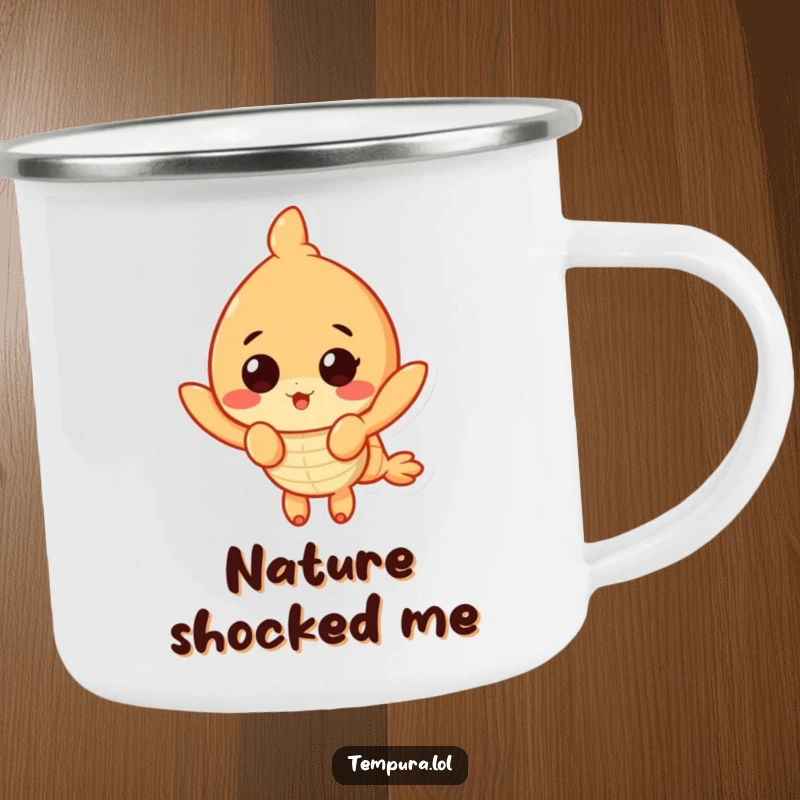 Funny Surprised Shrimp Camp Mug: A tempura shrimp with a shocked expression, designed for outdoor use and humorous enjoyment.