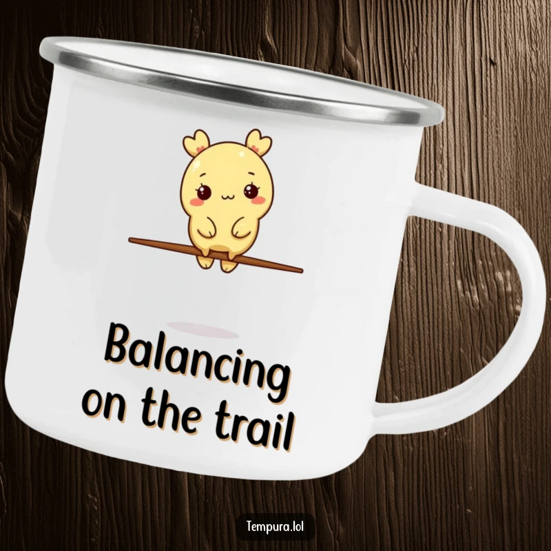 Funny Tempura Character Camping Mug: A tempura piece balances precariously on a chopstick, bringing humorous skill to your outdoor brews.