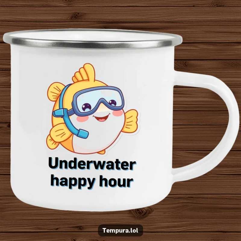 Funny tempura fish wearing a snorkel, smiling, perfect for a rugged and funny camping mug, ideal for outdoor humor.