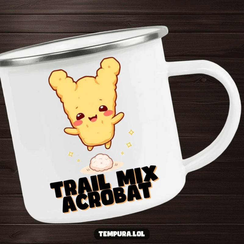 Funny tempura character gleefully bouncing a small shiny rice ball, perfect for a rugged and funny camping mug.