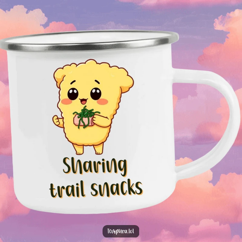 Funny Tempura Character Camping Mug: A tempura piece offers a tiny seaweed snack, bringing humorous generosity to your outdoor enjoyment.