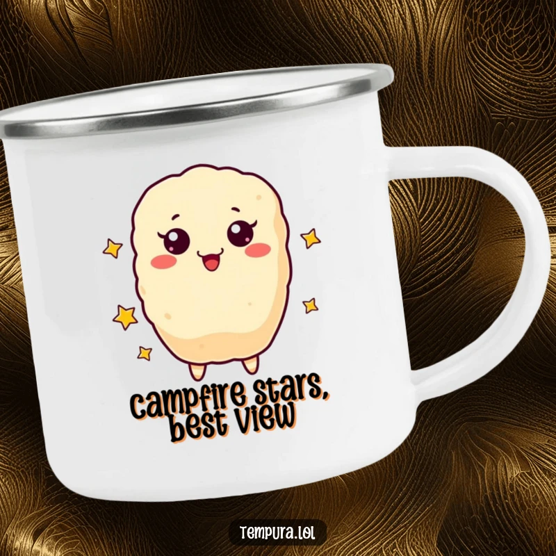 Funny Camping Mug featuring a tempura character juggling stars, perfect for outdoor enjoyment.