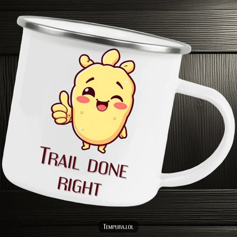 Funny tempura character winking and giving a thumbs up on a rugged camping mug, symbolizing encouragement outdoors.