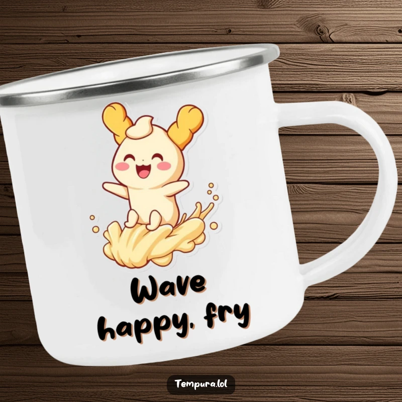 Funny tempura character joyfully riding a playful wave of batter on an enamel camping mug, perfect for outdoor fun.