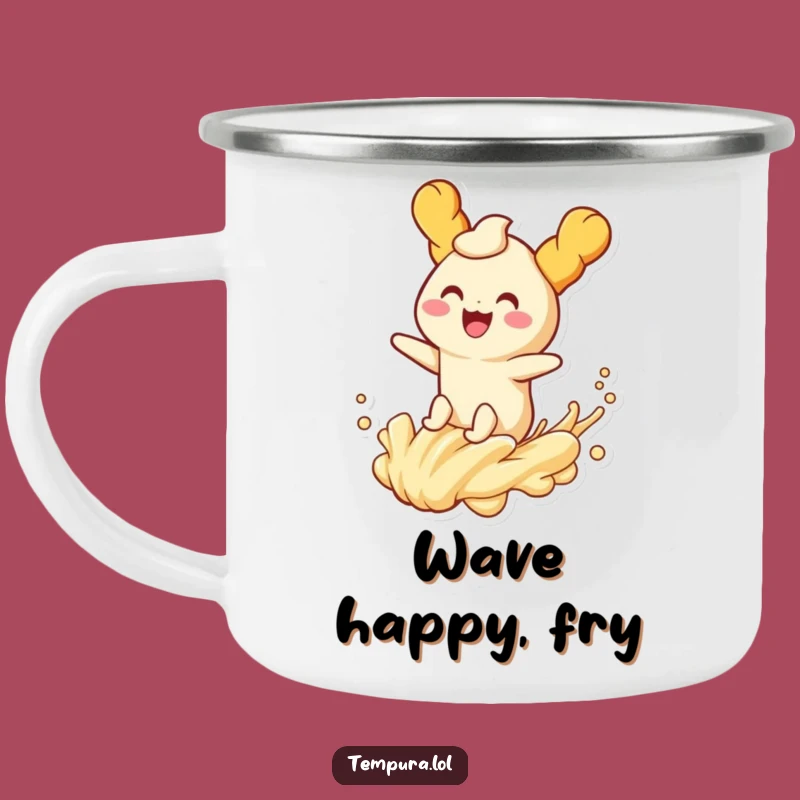 Funny Tempura Wave Rider Enamel Camping Mug: Adventure-Ready Fried Character