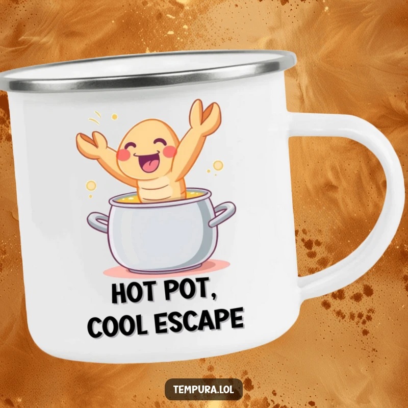 Funny tempura shrimp character joyfully leaping out of a cooking pot, printed on a durable camping mug.