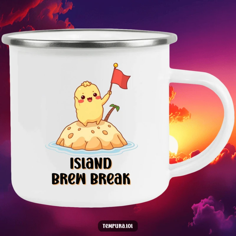 Funny tempura character excitedly waving a tiny flag on a delicious island on an enamel camping mug, ready for outdoor fun.